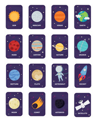 Vector Space flash cards set. English language game with cute astronaut, rocket, planet, comet, alien for kids. Astronomy flashcards with funny characters. Simple educational printable worksheet.
