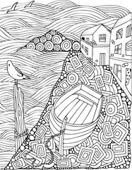 Boat on the sea coast. Black and white Sea coloring book page.