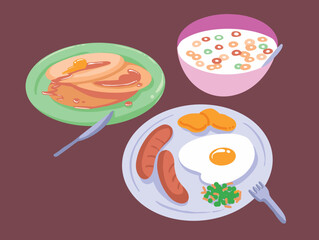 Set of common food for breakfast like egg, sausage, nugget, cereal, pancake. Source of morning energy vector illustration collection.