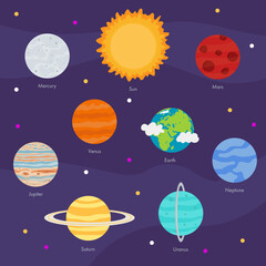 Solar System planets set. Cartoon fantastic planet on purple background