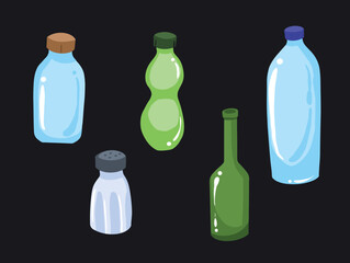 Vector illustration set collection of bottles from plastic bottles to wine bottle. Cartoon flat art styled simple drawing.