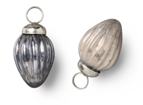 two pastel colored vintage style Christmas ornaments / baubles, isolated, top view / flat lay with subtle shadows