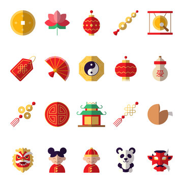 Chinese New Year concept. Collection of vibrant flat vector illustration of golden coin, flower, lantern, amulet, Chinese gong and other items. Perfect for books, articles, adverts