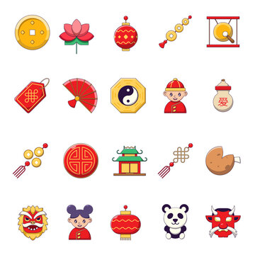 Chinese New Year concept. Collection of vivid cartoon images of coin, flower, amulet, gong, dragon mask and souvenirs. Perfect for web sites, adverts, shops, stores