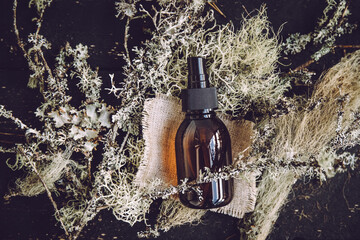 Brown glass bottle with herbal lichen medicine tincture inside concept. Usnea barbata or old man's...