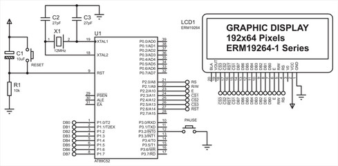Text data output to the graphic display screen.
Vector electrical schematic diagram of the graphic display which runs under the control of a microcontroller. 
