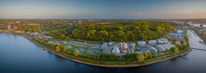 Panorama aerial view Flensburger Förde and sewage treatment plant at Flensburg , Schleswig-Holstein, Germany.
