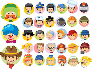 Kids in professional uniform. Children doing different job as builder, teacher, businessman, doctor and firefighter. Boys and girls choosing career. Characters employees isolated vector