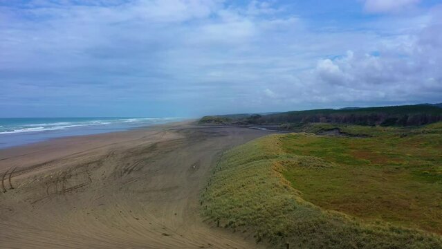 Beautiful view of Muriwai Beach from a drone. Muriwai Beach, New Zealand.