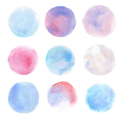 Set of round abstract watercolor backgrounds on white. Hand drawn