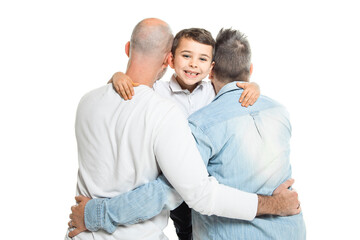 Two man couple with adopted child on white background