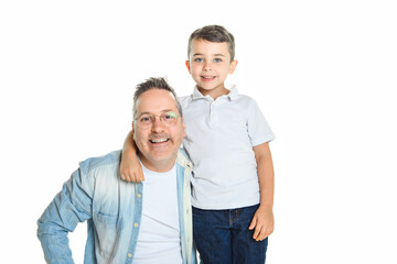 Happy men with adopted child on white background