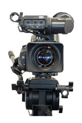 Old studio video camera on tripod, a front view