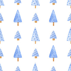 Seamless christmas trees pattern. Watercolor background with cartoon blue christmas trees with various textures for wrapping paper, textile