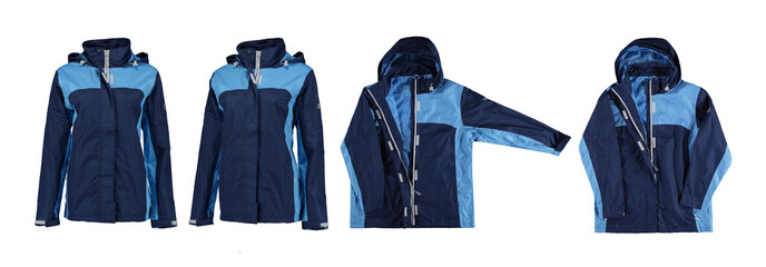Blue raincoat. Various
jacket options. Isolated image on a white background. Nobody. 
