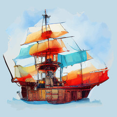 illustration vector graphic of pirate ship on watercolor style good for print on postcard, poster or t-shirt design