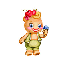 Ginger Man. Watercolor illustration. Character summer gingerbread man with berries and ice cream. Bright and funny children's character for decoration