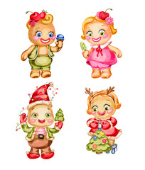 Ginger Man. Watercolor illustration. Character gingerbread man summer and new year. Bright and funny children's character for decoration