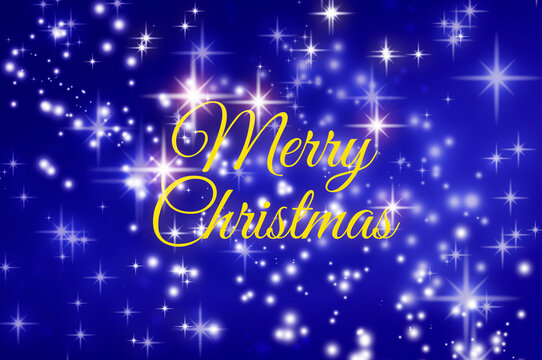 Merry Christmas wishes text on blue background with shining stars. Christmas season and celebration concept.