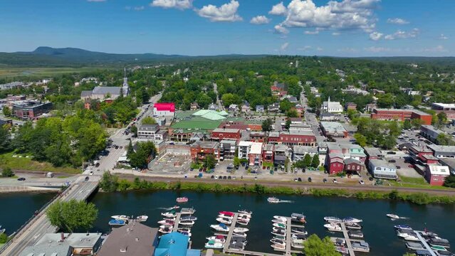 Magog city aerial view at the mouth of Magog River to Lake Memphremagog, Magog, Memphremagog County, Quebec QC, Canada. 
