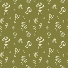 Vector seamless pattern with doodle style mushrooms, amanita and acorn. Autumn forest harvest sketches are minimalistic background. Simple texture for your decor. Template for design fabric, card.