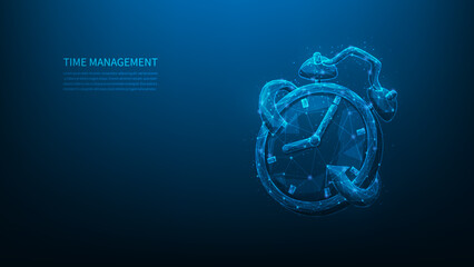 alarm clock management digital technology.business time planning low poly wireframe. working time and organization efficiency.project deadline concept. wake up on blue background. vector illustration.