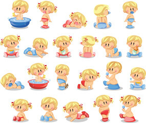 Set with cute little baby in different situations. Playing, sleeping, sitting, lying, crawling baby. Happy smiling newborn boy or girl