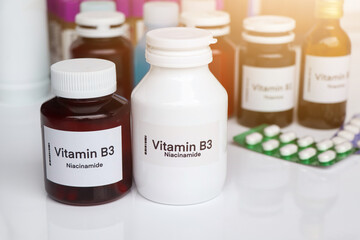 Vitamin B3 pills in a bottle, food supplement or used to treat disease