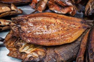 Various smoked fish products. Fish market concept