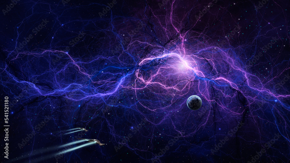Canvas Prints space background. spaceships fly to planet with colorful fractal blue and purple nebula. elements fu