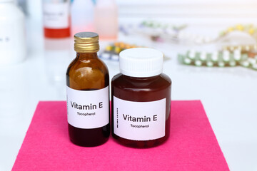 Vitamin E pills in a bottle, food supplement or used to treat disease