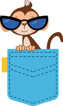 A Monkey Peeks Out Of A Blue Pants Pocket, Cartoon Childish Style. Isolated Funny Clipart On White Background. Cute Print