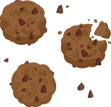 Chocolate chip cookies with dark chocolate pieces. Illustration of art isolate. Homemade baking symbol