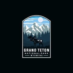 Grand teton national park vector template. Wyoming america landmark illustration in patch style. - obrazy, fototapety, plakaty