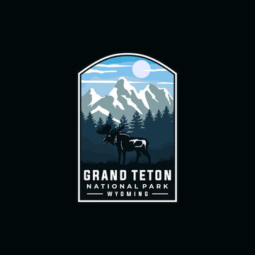 Grand teton national park vector template. Wyoming america landmark illustration in patch style.