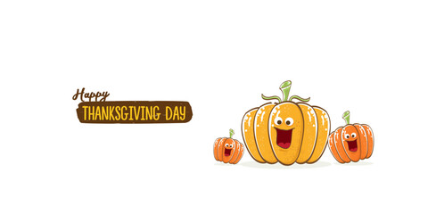 Funny Thanksgiving day horizontal banner with vector funny cartoon cute smiling friends pumpkins isolated on white background. Thanksgiving day cute banner and label design template with pumpkins