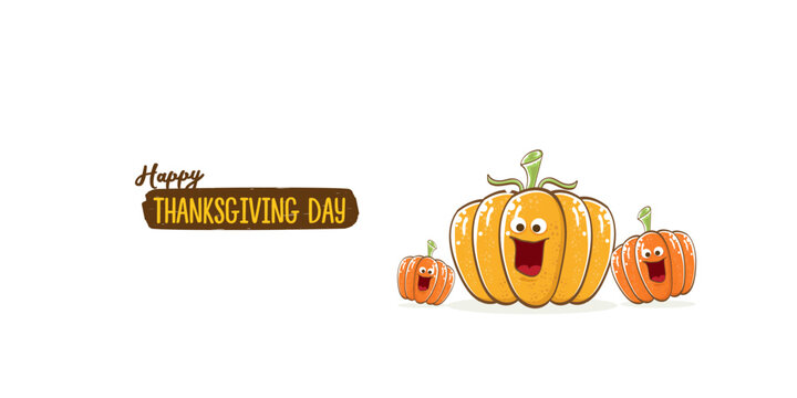 Funny Thanksgiving day horizontal banner with vector funny cartoon cute smiling friends pumpkins isolated on white background. Thanksgiving day cute banner and label design template with pumpkins
