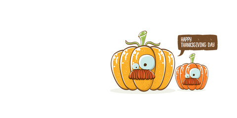 Funny Thanksgiving day horizontal banner with vector funny cartoon cute smiling friends pumpkins isolated on white background. Thanksgiving day cute banner and label design template with pumpkins
