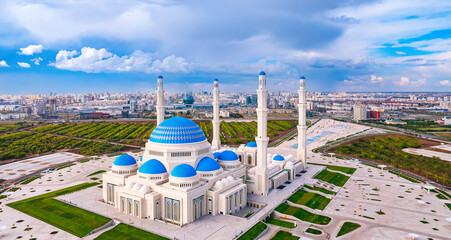 Nur-Sultan, Kazakhstan largest big mosque in Central Asia, Astana Aerial drone view - obrazy, fototapety, plakaty