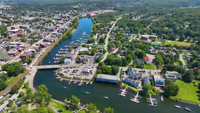 Magog city aerial view at the mouth of Magog River to Lake Memphremagog, Magog, Memphremagog County, Quebec QC, Canada. 