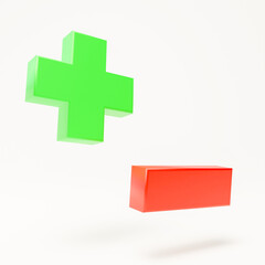 3D plus and minus symbols on isolated white background. Math operation concept. computation icon colorful Geometry shape, multicolored objects, 3D rendering.