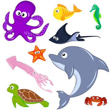 Inhabitants of the deep sea. Squid, turtle, dolphin, stingray, fish, crab, seahorse, octopus. Cartoon vector illustration for kids