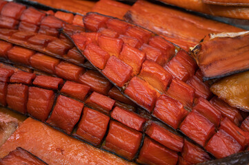Various smoked fish products. Healthy eating and fish market concept