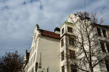 beautiful houses in Munich, blue sky, attic and new building