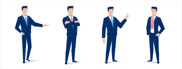 Vector set of business illustration of standing business man in a tie in different pose on white color background. Flat style design of man manager