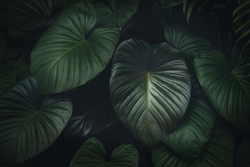 Dark green leaves texture in rainforest , nature background