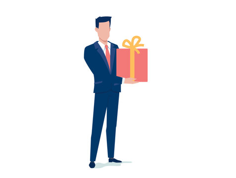 Vector business illustration of business man hold gift box on white color background. Flat style design of man with present