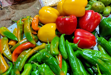 fresh organic green chilli and capsicum from farm close up