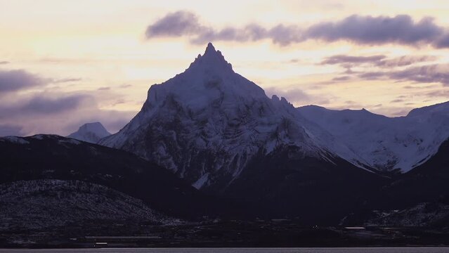 Mount Olivia (Spanish: Monte Olivia) is Looking Down on the City of Ushuaia at Dawn, Tierra del Fuego Province, Argentina. 4K Resolution.