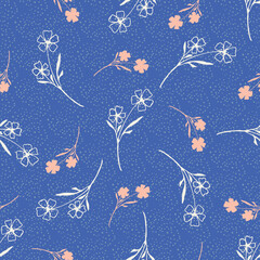 Vintage wild meadow flower seamless vector pattern background. Scattered pink white flowers on dotted blue backdrop. Line art outline silhouette botanical design. Garden floral cottagecore aesthetic.